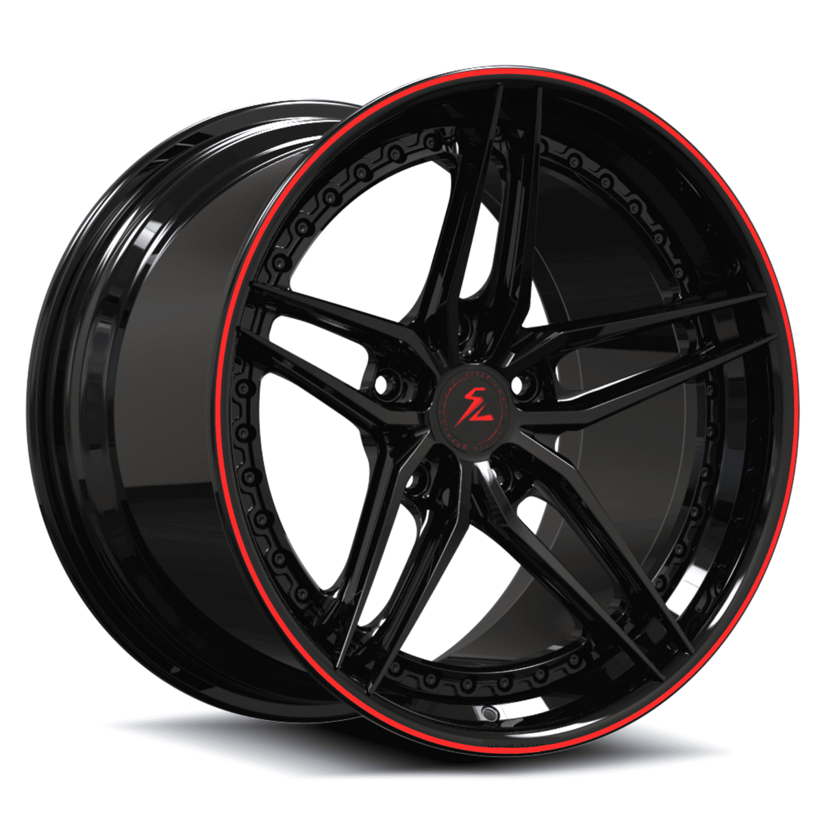 SA-01 black and red trim Porsche 5-spoke step lip wheels in forged 2-piece construction.