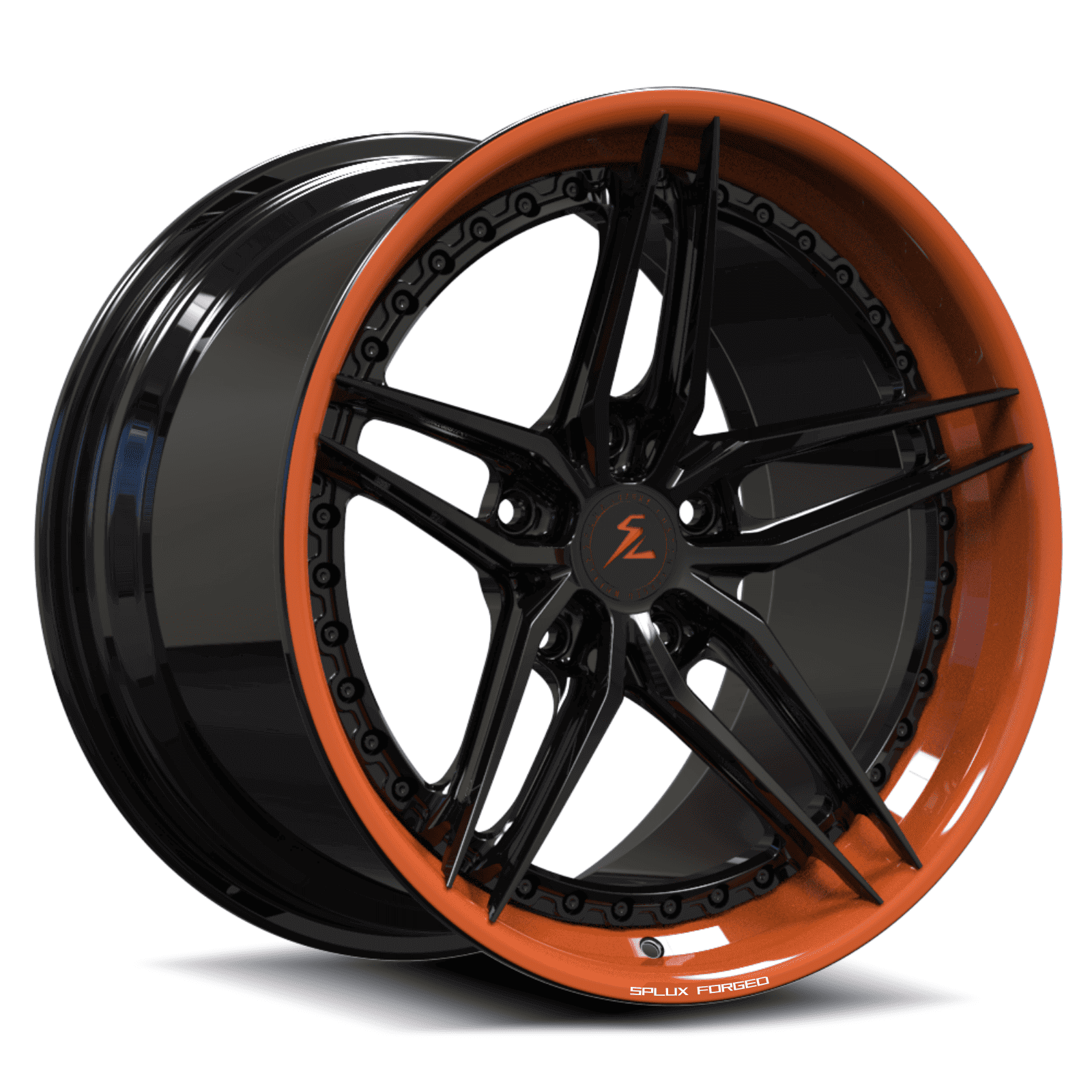 5 spoke rims with deep dish style. sebring orange lip and black finish to match corvette c8 color. 