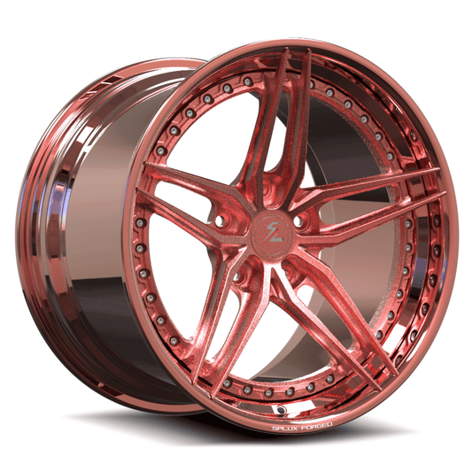 foxbody mustang 5 spoke wheels available in 3 piece wheels. polished rose gold and chrome finish custom aftermarket rims.