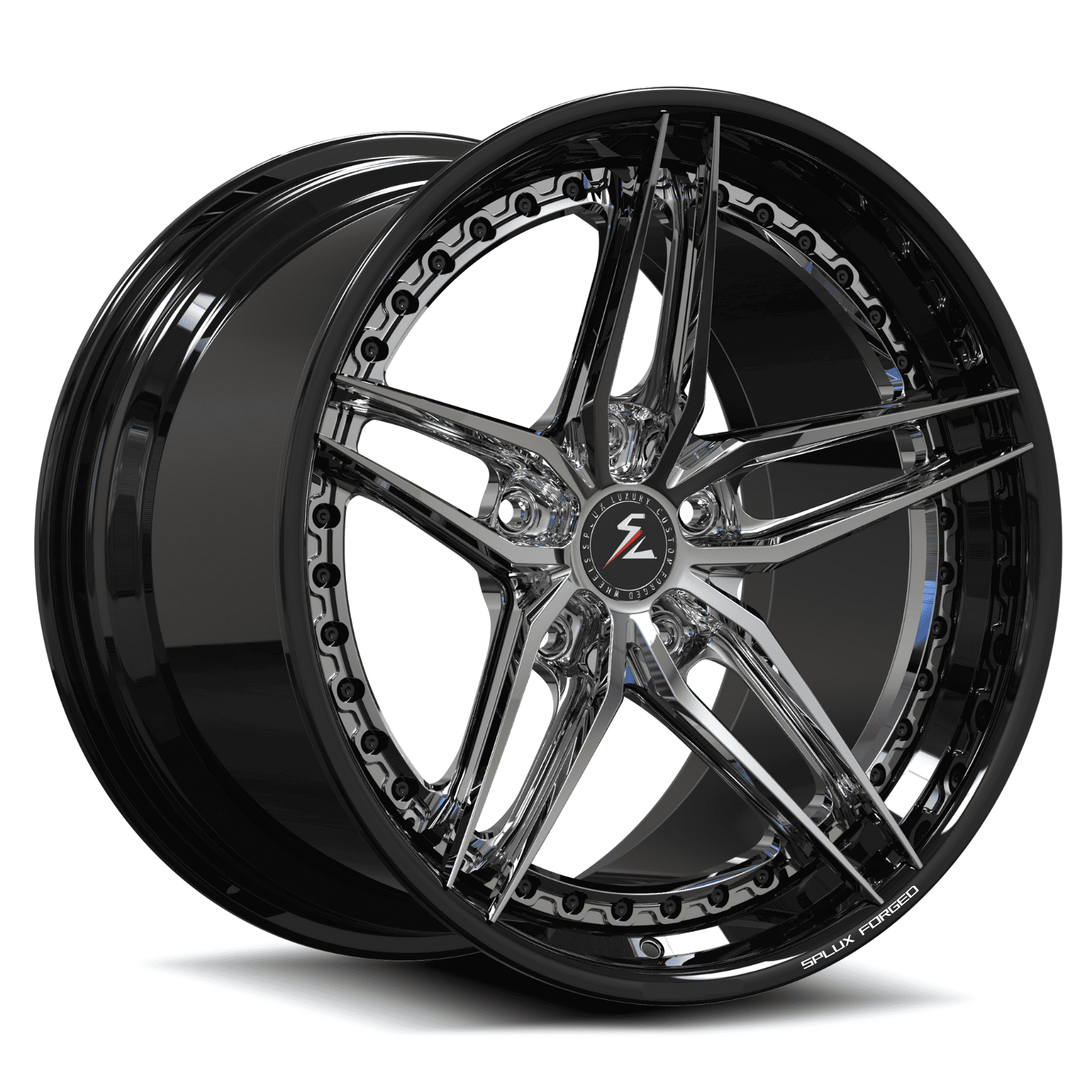 camaro 5 spoke wheels with chrome and black finish. concave and aggressive style.
