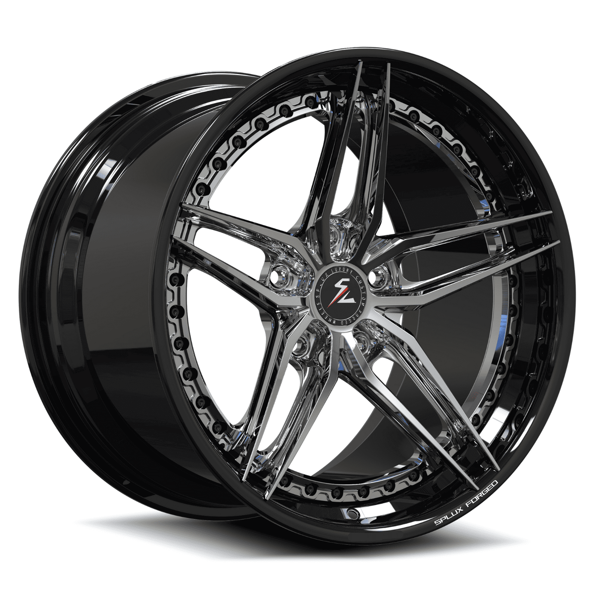 Splux SA-01 chrome and black Porsche 5-spoke step lip wheels in forged 2-piece construction.