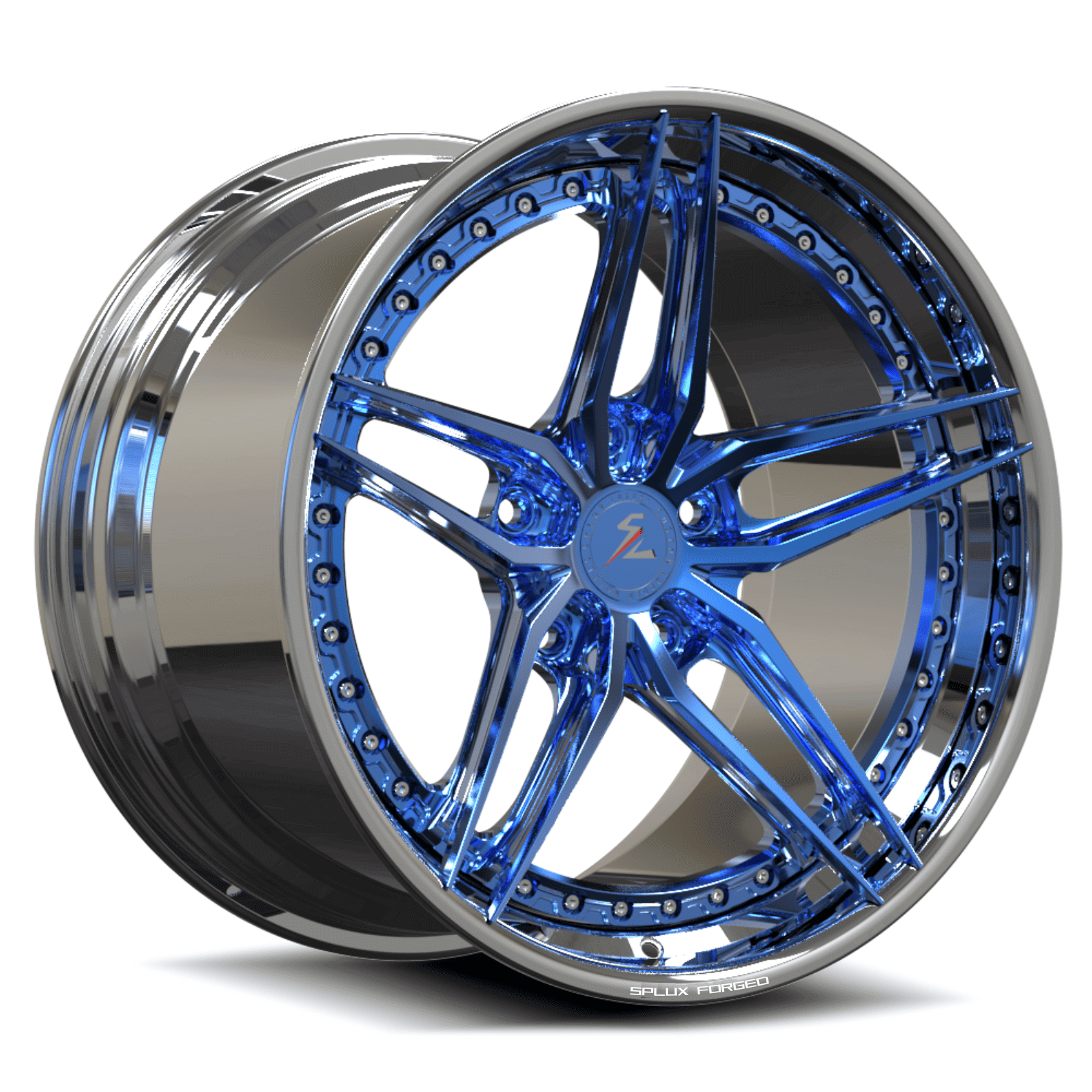 5 spoke 3 piece wheels with polished blue and chrome finish. available in forged monoblock, 2-piece with 5x112 19x12.