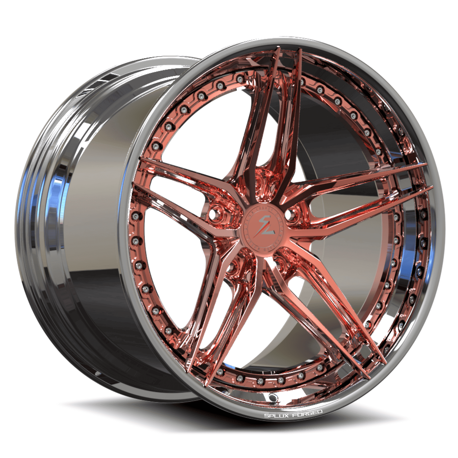 20 inch 5 spoke rims with chrome and rose gold finish. fully forged 2-piece aftermarket pink rims from splux.