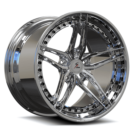 SA-01 bright chrome custom forged 2-piece 5-spoke aftermarket wheels on a Subaru WRX showing lip details