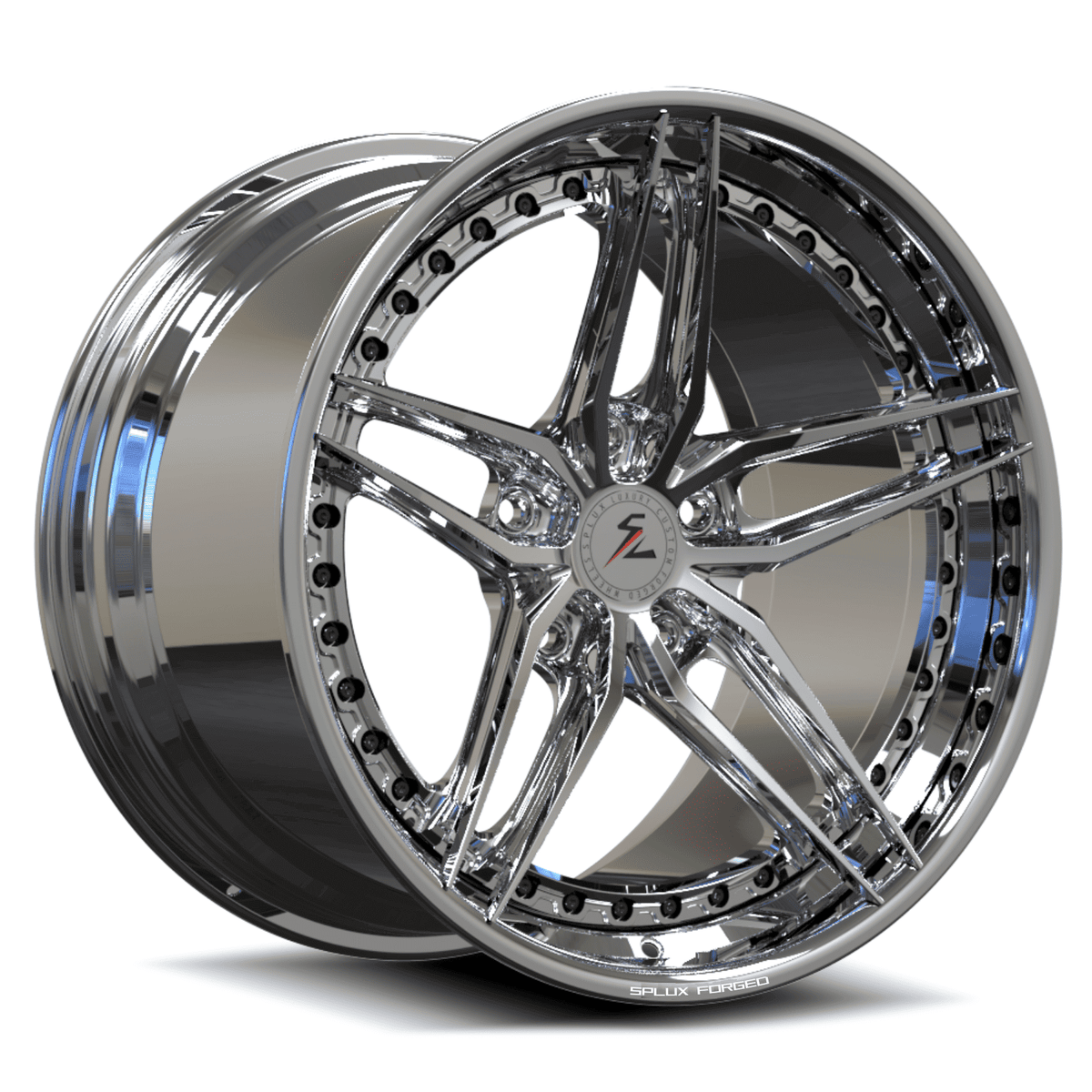All chrome SA-01 5-spoke step lip forged wheels for Porsche custom 5x112 and 5x130 fitments.
