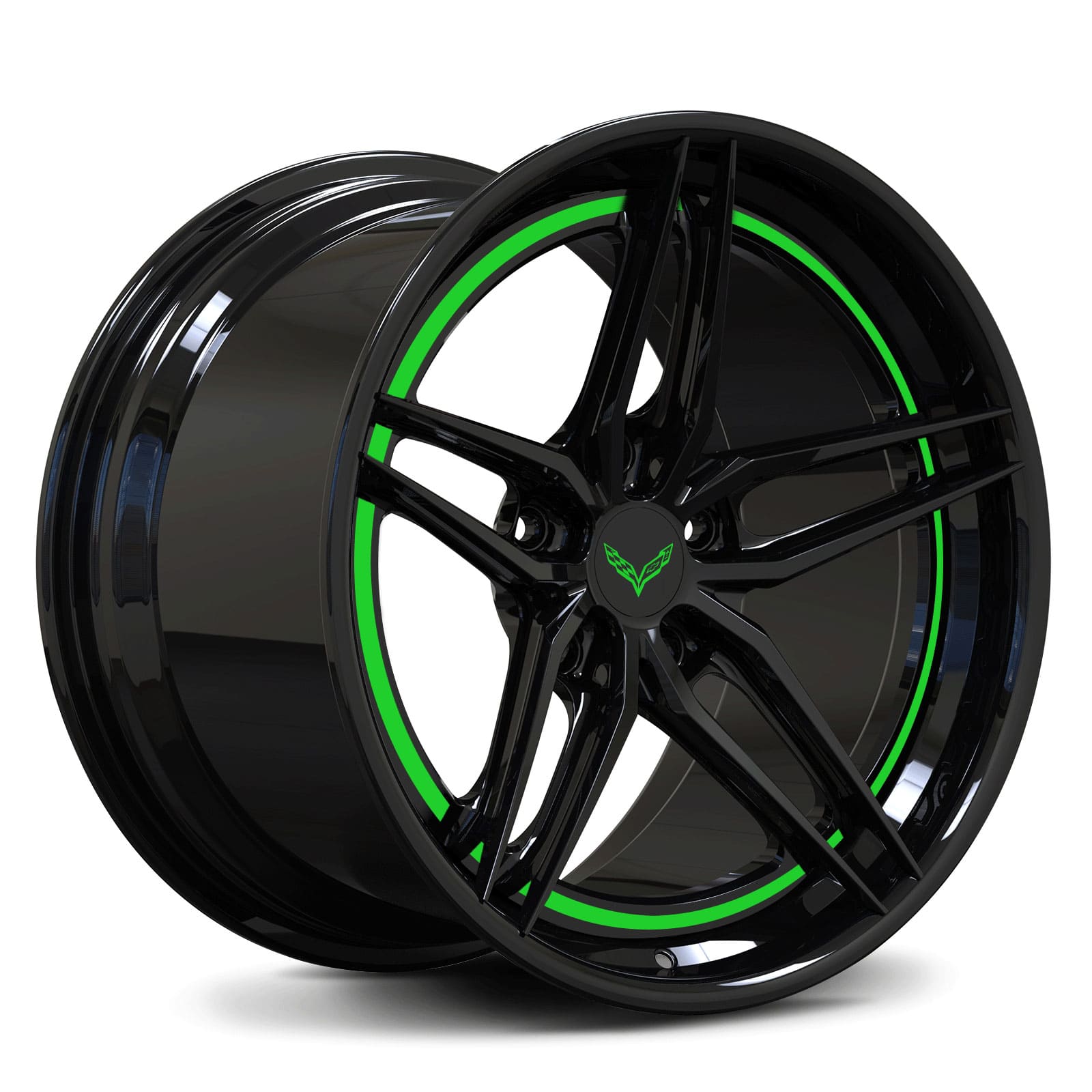 C1-C8, C5 Corvette 5-spoke wheels with custom Corvette center caps. Custom forged 2-piece green and black rims from Splux.