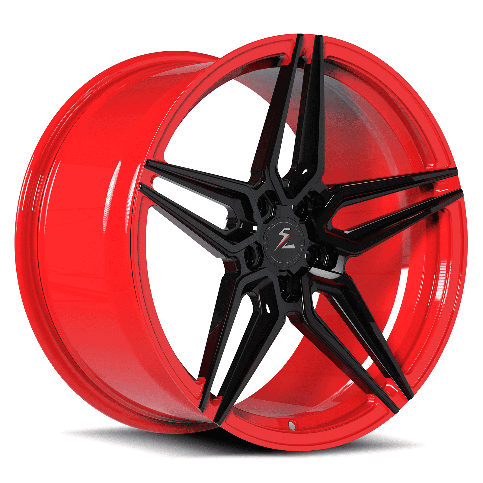 Black and red rims, 18-inch, 5-spoke design for any vehicle. Custom-made per order for perfect fitment from Splux wheels.