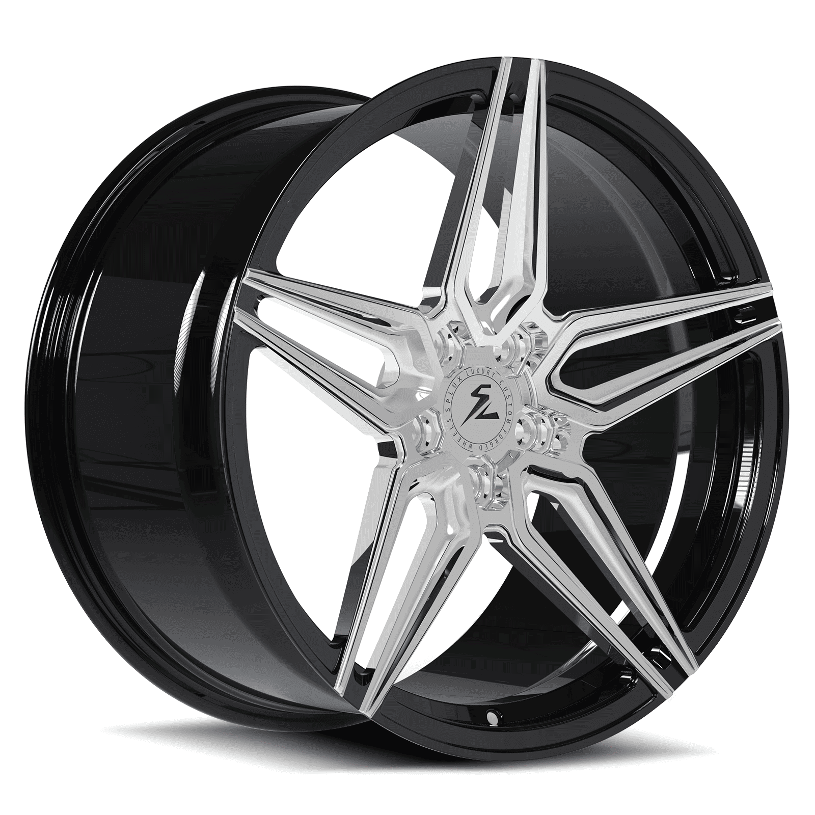 5-spoke Mercedes 17in wheels in silver and black. Shiny machined-style rims available in 16-26 inches.