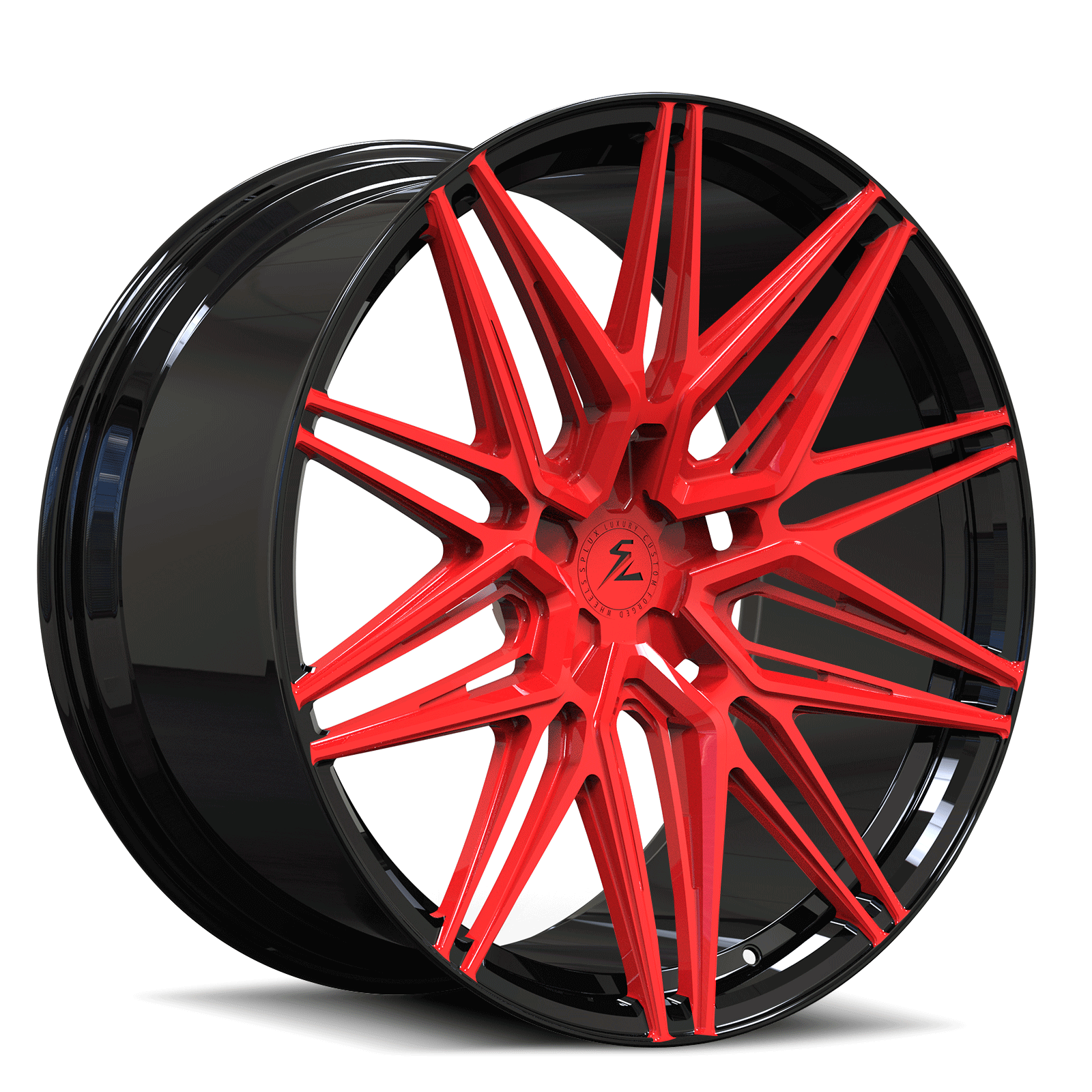 C7 Vette Grand Sport aggressive custom forged monoblock wheels by Splux SA-02, 20/21 inch black and red aftermarket wheels.