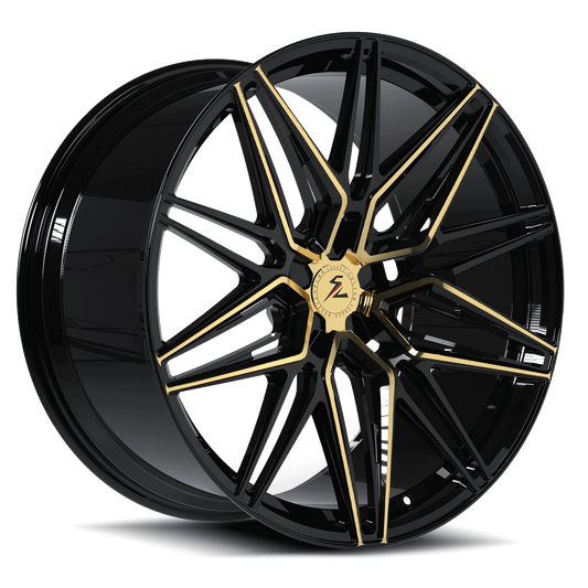 Black and gold Splux SA-02 forged monoblock wheels for C7 Z06 aggressive custom style.