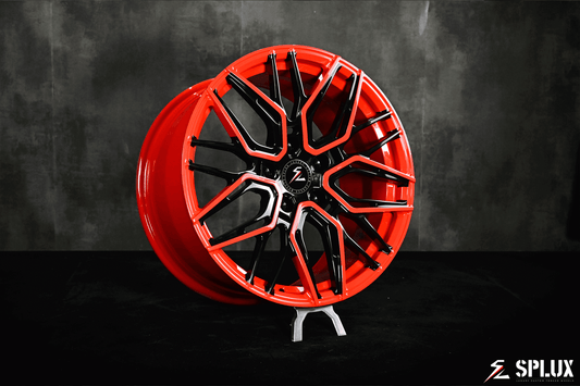 Splux SC-02 custom forged monoblock wheels for 2001 C5 Corvette, black or red, staggered 17, 18-inch aggressive design.