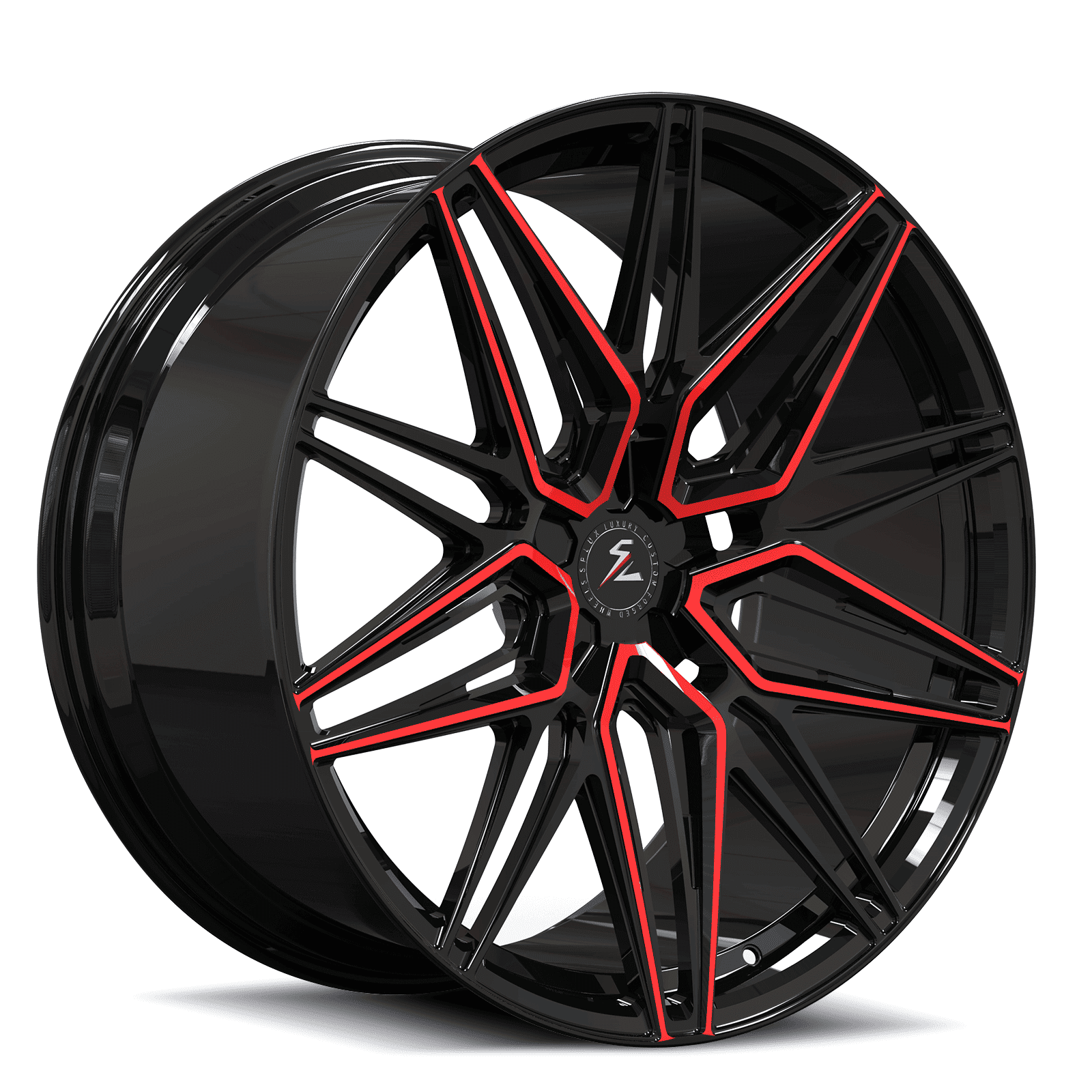 Black and red 18-inch rims for Tesla Model 3. Red accent for an aggressive look, making your Tesla unique.