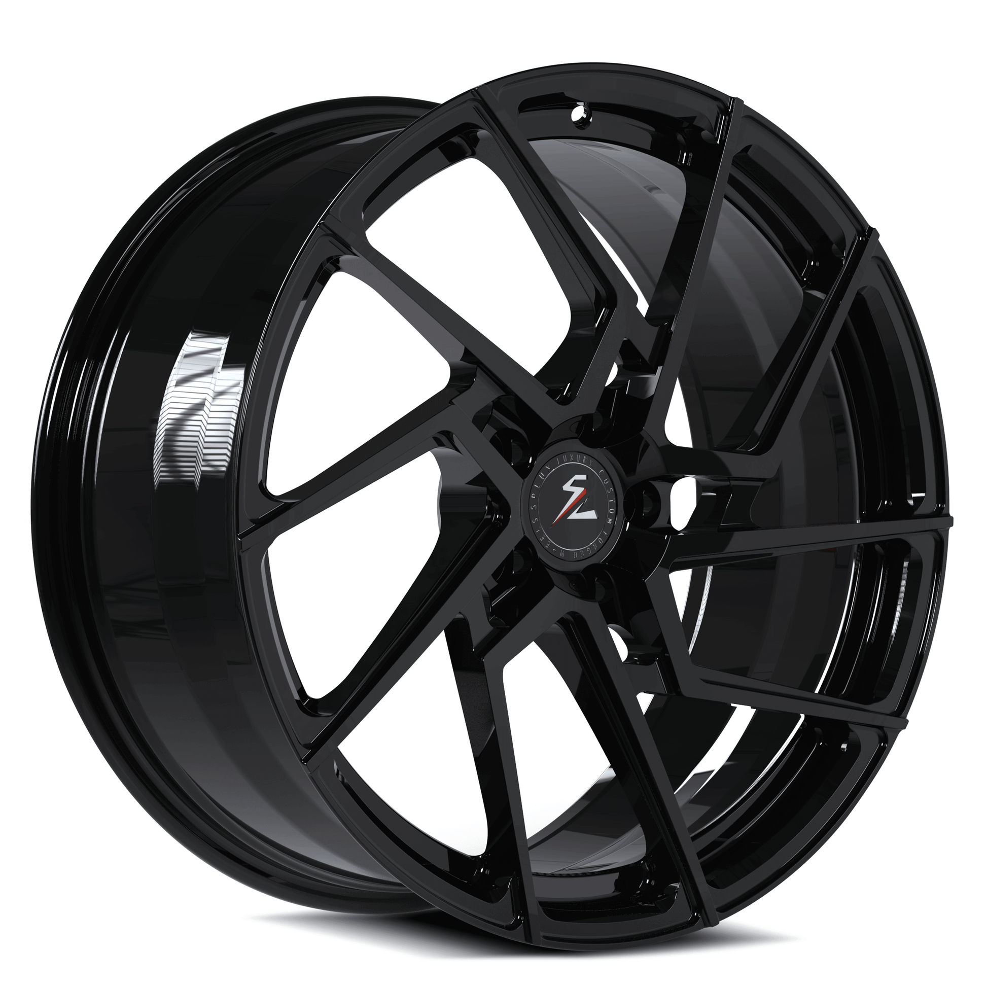 Custom Tesla Model 3 wheels, 18" black turbine aftermarket rims by Splux, SA-03M custom forged monoblock wheels, aggressive design.