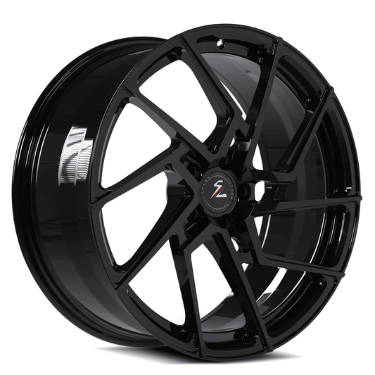 Custom Tesla Model 3 wheels, 18" black turbine aftermarket rims by Splux, SA-03M custom forged monoblock wheels, aggressive design.