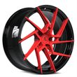 Custom Tesla Model 3 20-inch rims, red and black turbine aftermarket rims by Splux, SA-03M custom forged monoblock wheels.