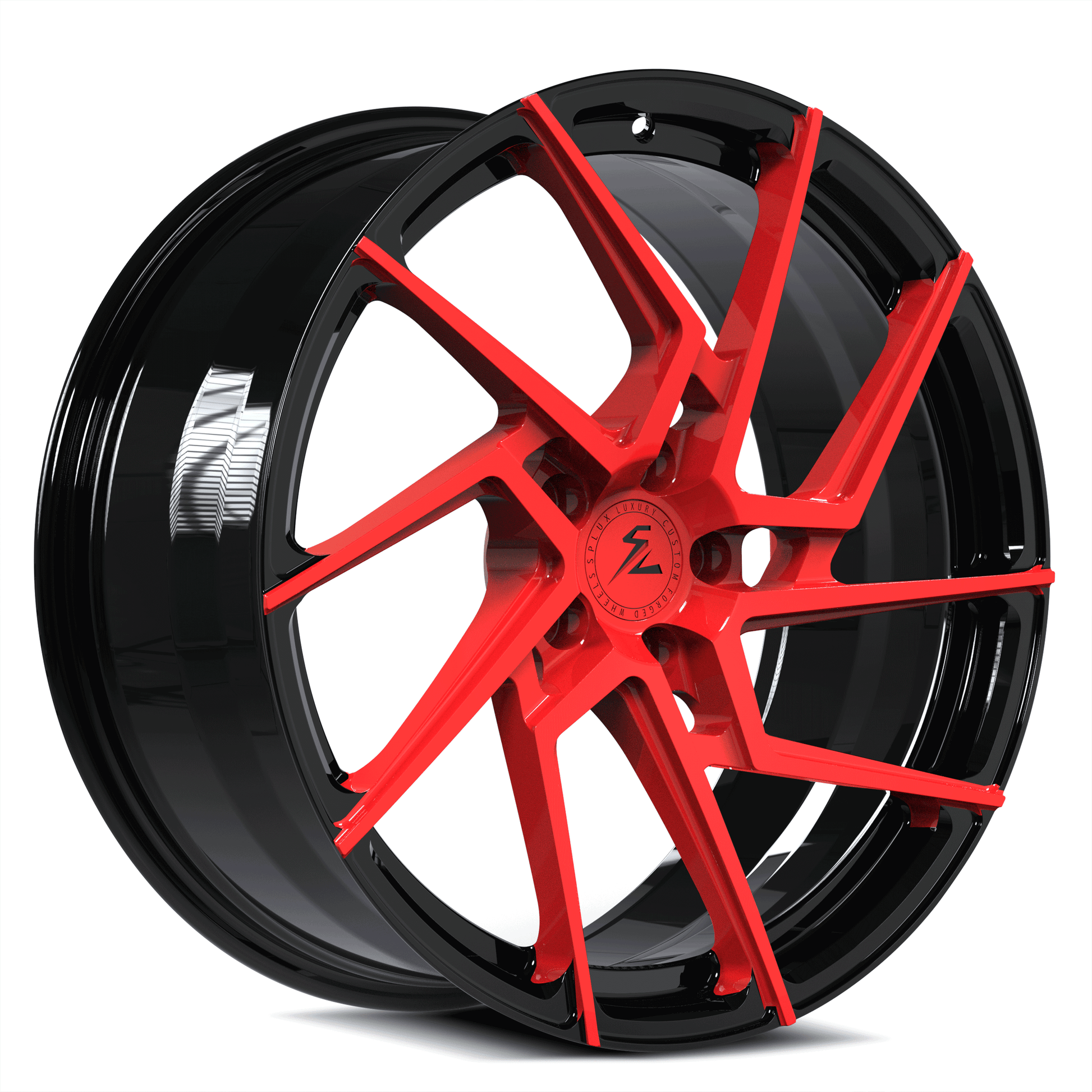 Custom Tesla Model 3 20-inch rims, red and black turbine aftermarket rims by Splux, SA-03M custom forged monoblock wheels.