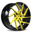 Model 3 aftermarket rims, custom 21-inch yellow and black turbine rims by Splux, SA-03M forged monoblock wheels, aggressive style.