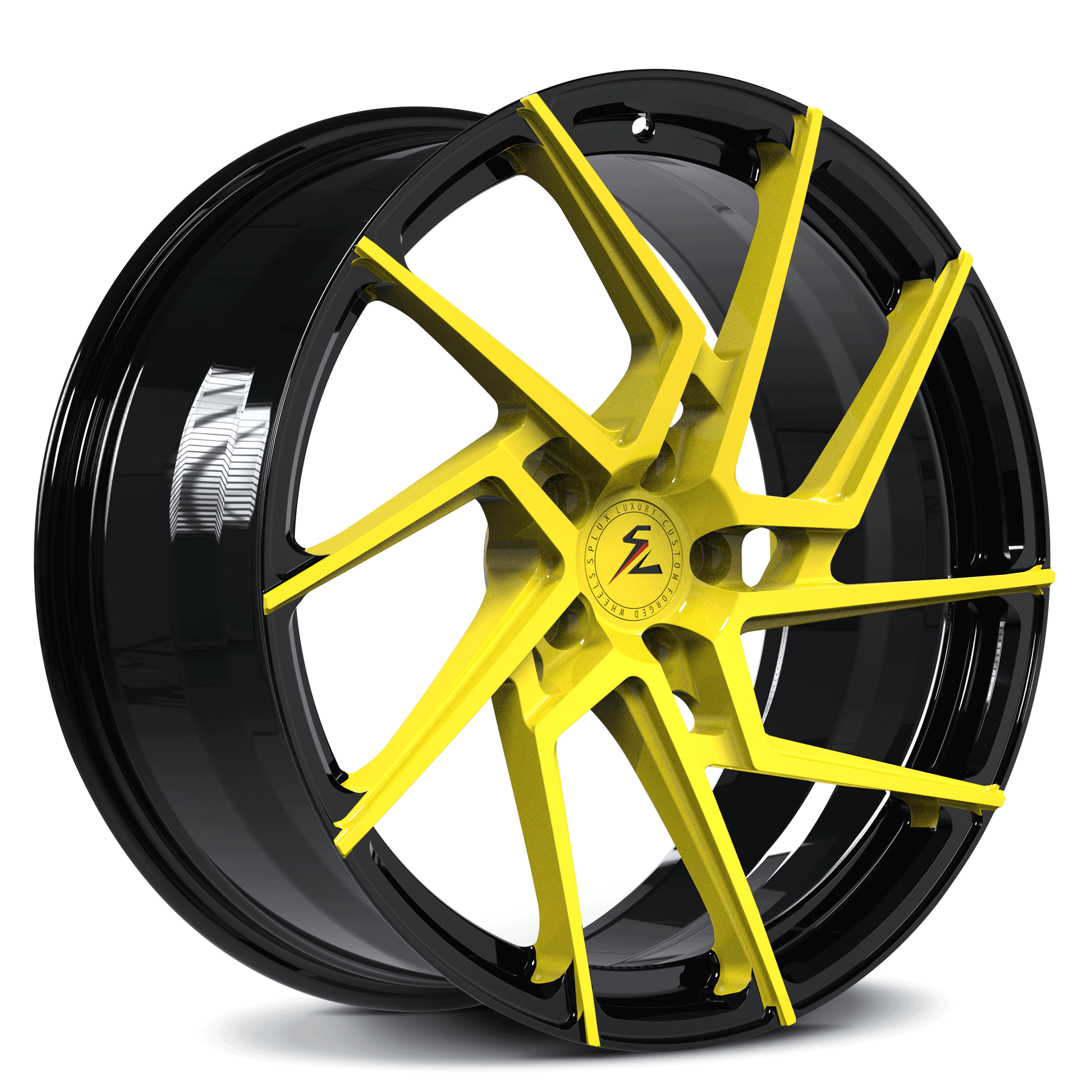 Model 3 aftermarket rims, custom 21-inch yellow and black turbine rims by Splux, SA-03M forged monoblock wheels, aggressive style.