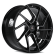 Custom 19" Model 3 aftermarket wheels,silver and black directional rims by Splux, SA-03M forged monoblock wheels, aggressive design.