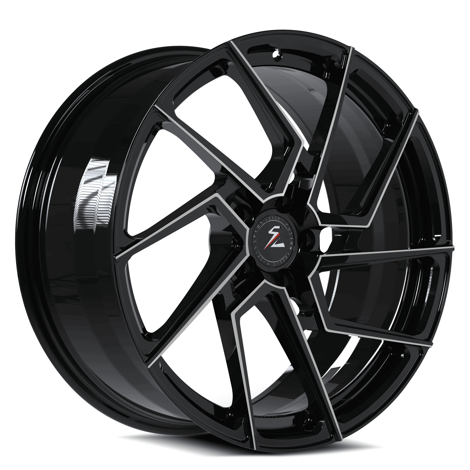 Custom 19" Model 3 aftermarket wheels,silver and black directional rims by Splux, SA-03M forged monoblock wheels, aggressive design.