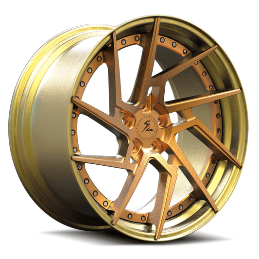 Splux SA-03 gold deep dish aftermarket wheels for Ferrari F8 with directional forged spokes.