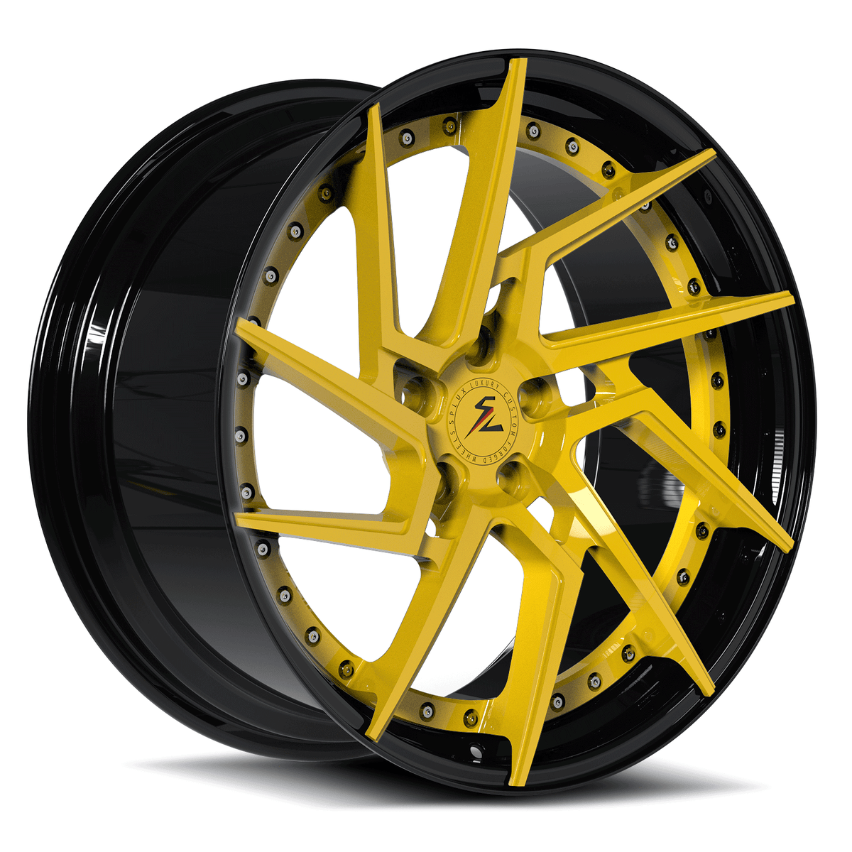 Splux SA-03 yellow and carbon fiber forged 2-piece directional wheels for Ferrari GTC4 Lusso.