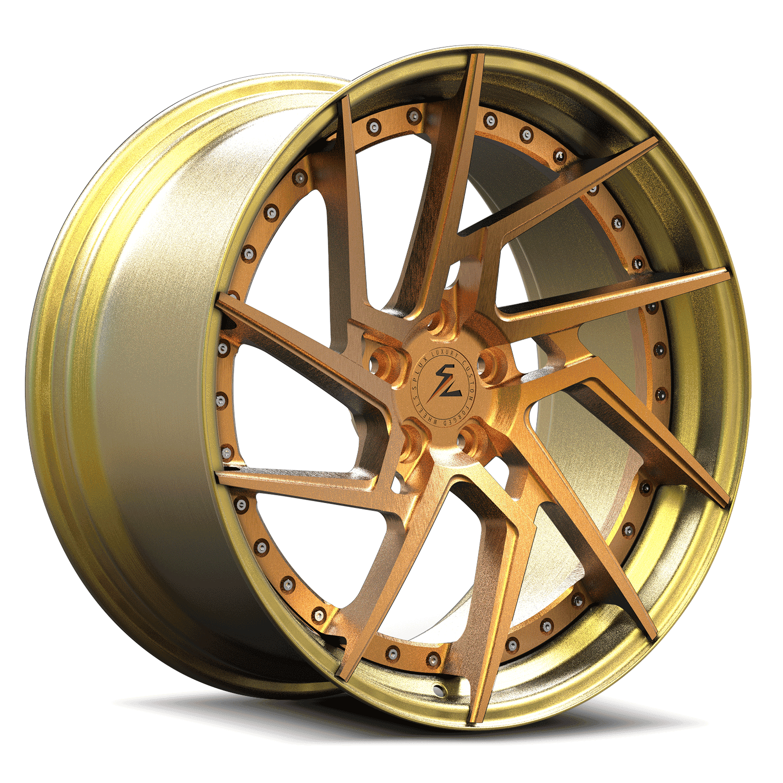 Gold rims for Jeep Wrangler with a directional design. Best aftermarket truck wheels, custom-fit for Jeep and Ford F-150.