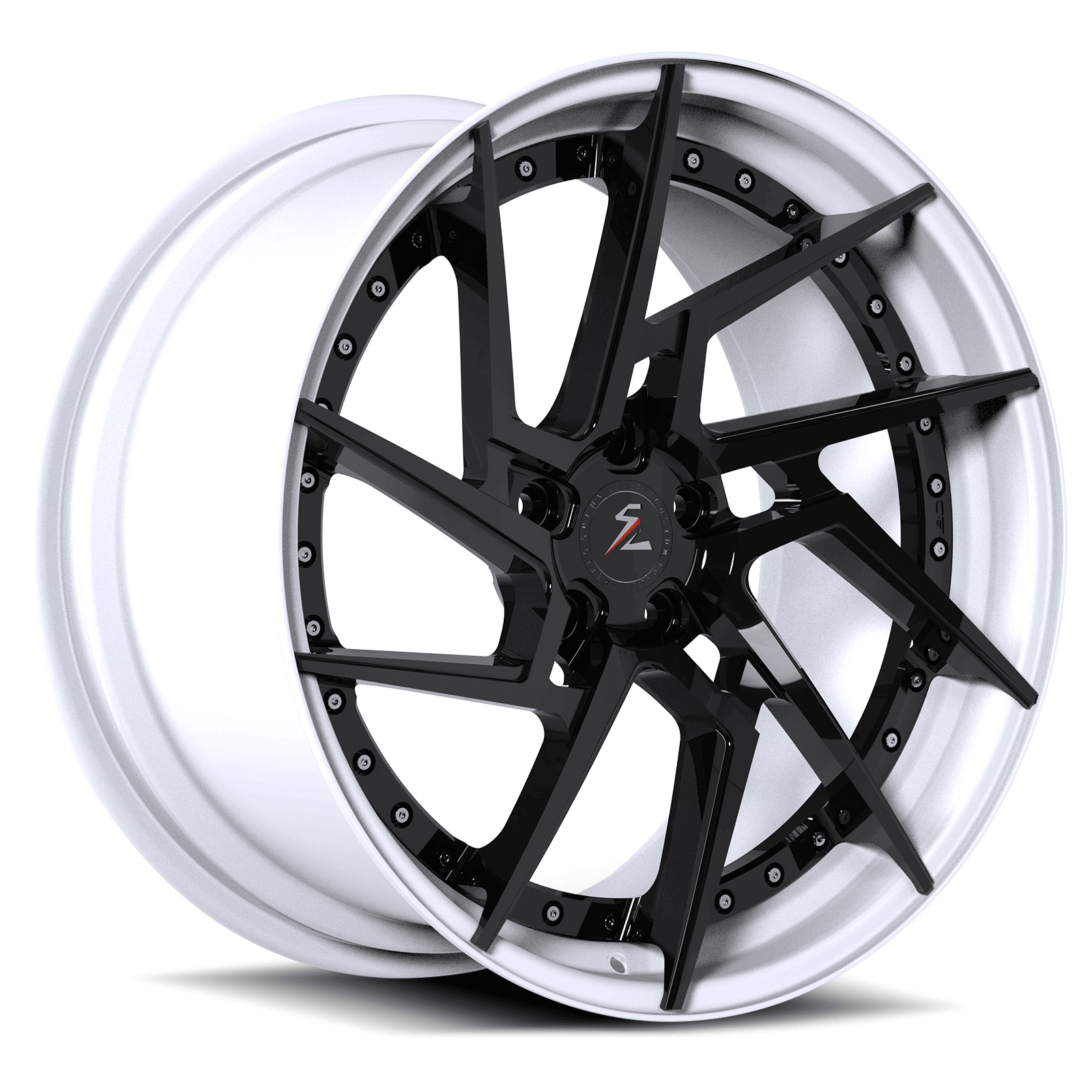 Black chrome wheels on white car (Audi R8): SA-03 20-inch forged concave aftermarket rims, luxury performance.