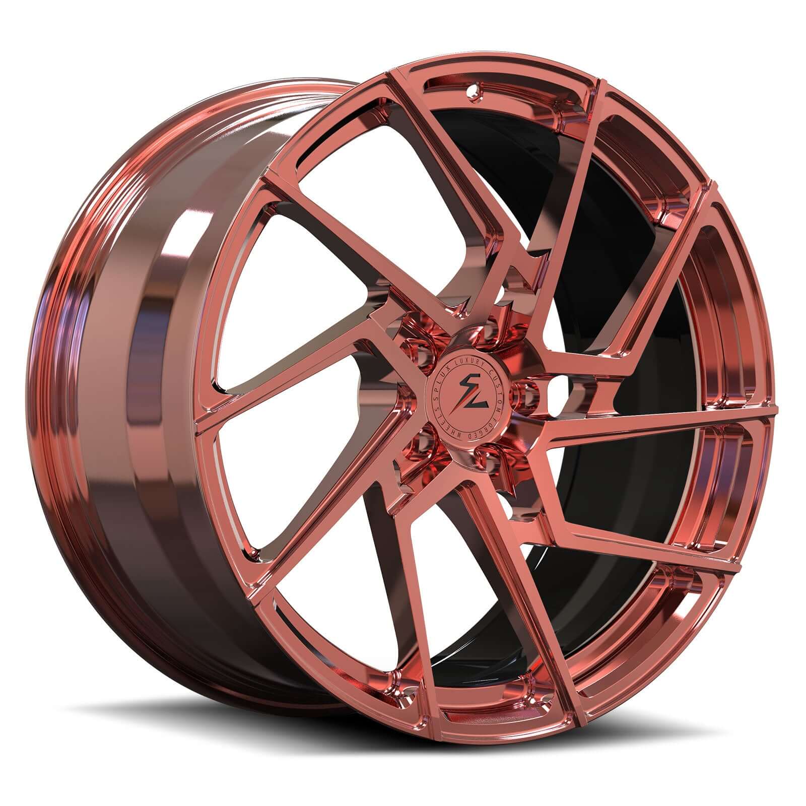 Tesla Model 3 18 inch wheels, custom rose gold turbine aftermarket rims by Splux, SA-03M forged monoblock wheels, aggressive style.