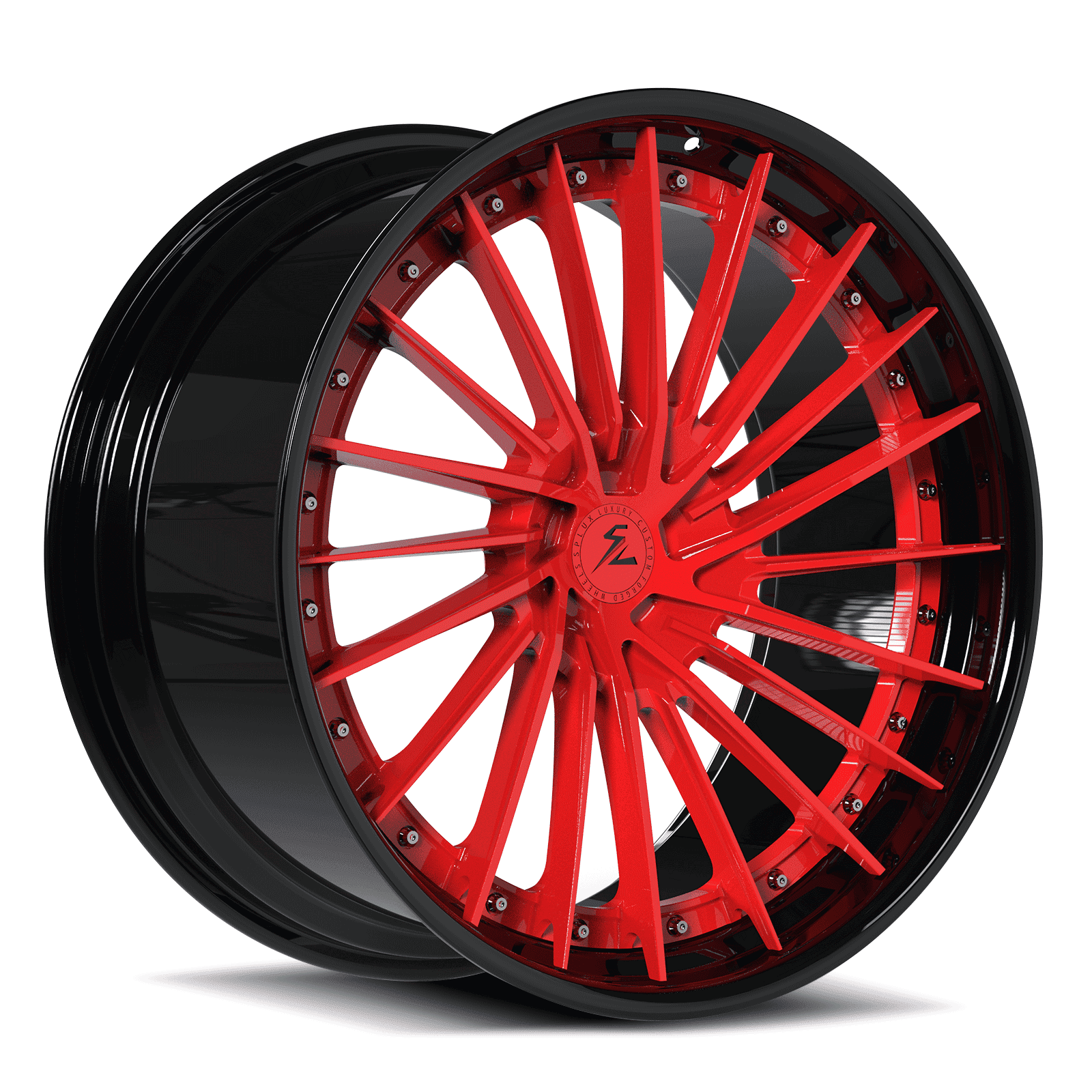 Black car with red rims from Splux SA-04. Multi-spoke design, fully 6061-T6 forged 2-piece wheels.