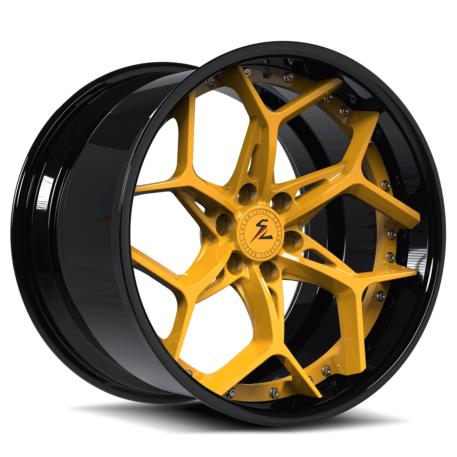 Lotus Cup wheels, custom forged 2-piece, yellow, black, designed by Splux.