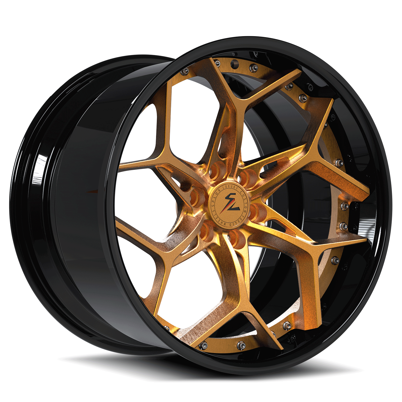 Lotus aftermarket parts, custom 2-piece wheels, gold, black, designed by Splux.
