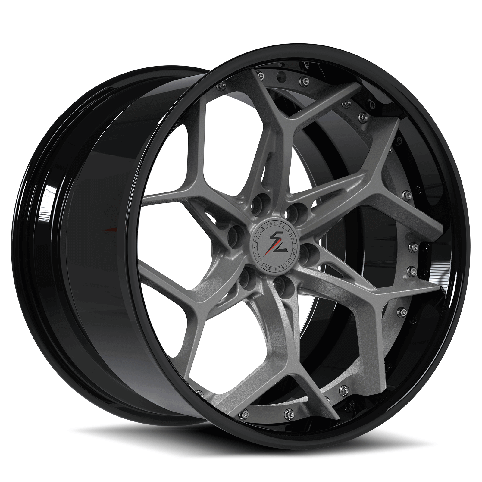 Lotus Evora wheels for sale, Lotus Evora aftermarket wheels, two-piece wheels, gunmetal, gray, crafted by Splux.