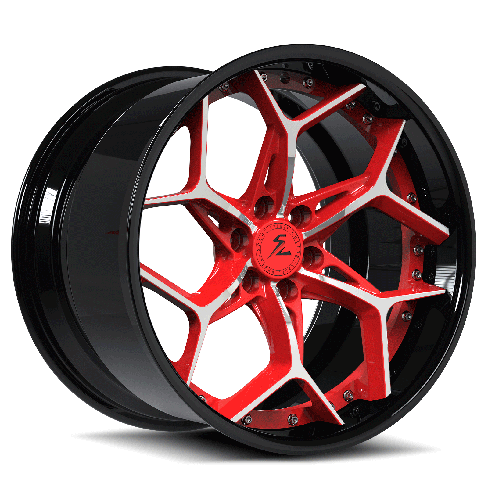Lotus Elise aftermarket, forged custom wheels, wheel lotus flower, red, designed by Splux.