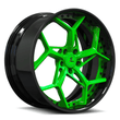 green and black mustang gt custom wheels with screws and custom center cap and engravings.