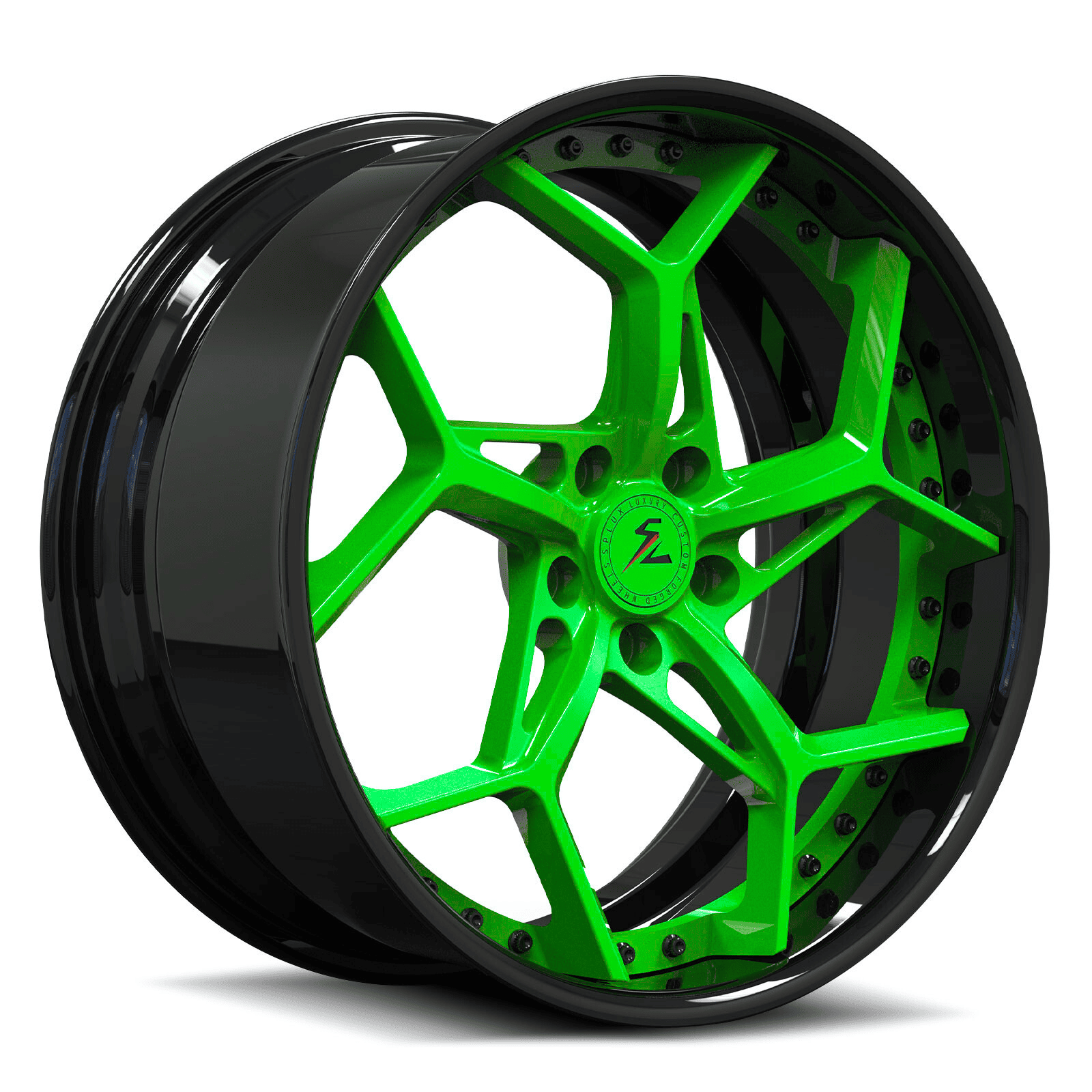 green and black mustang gt custom wheels with screws and custom center cap and engravings.