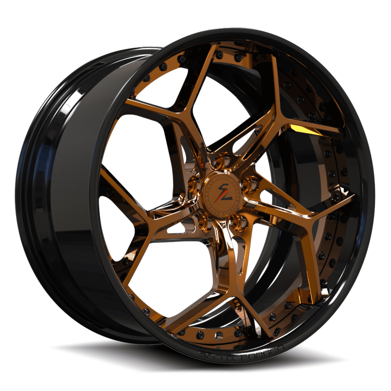 2024,04 mustang gt deep dish rims with polished copper and black finish. custom finish,size,style forged wheels at splux luxury rims.