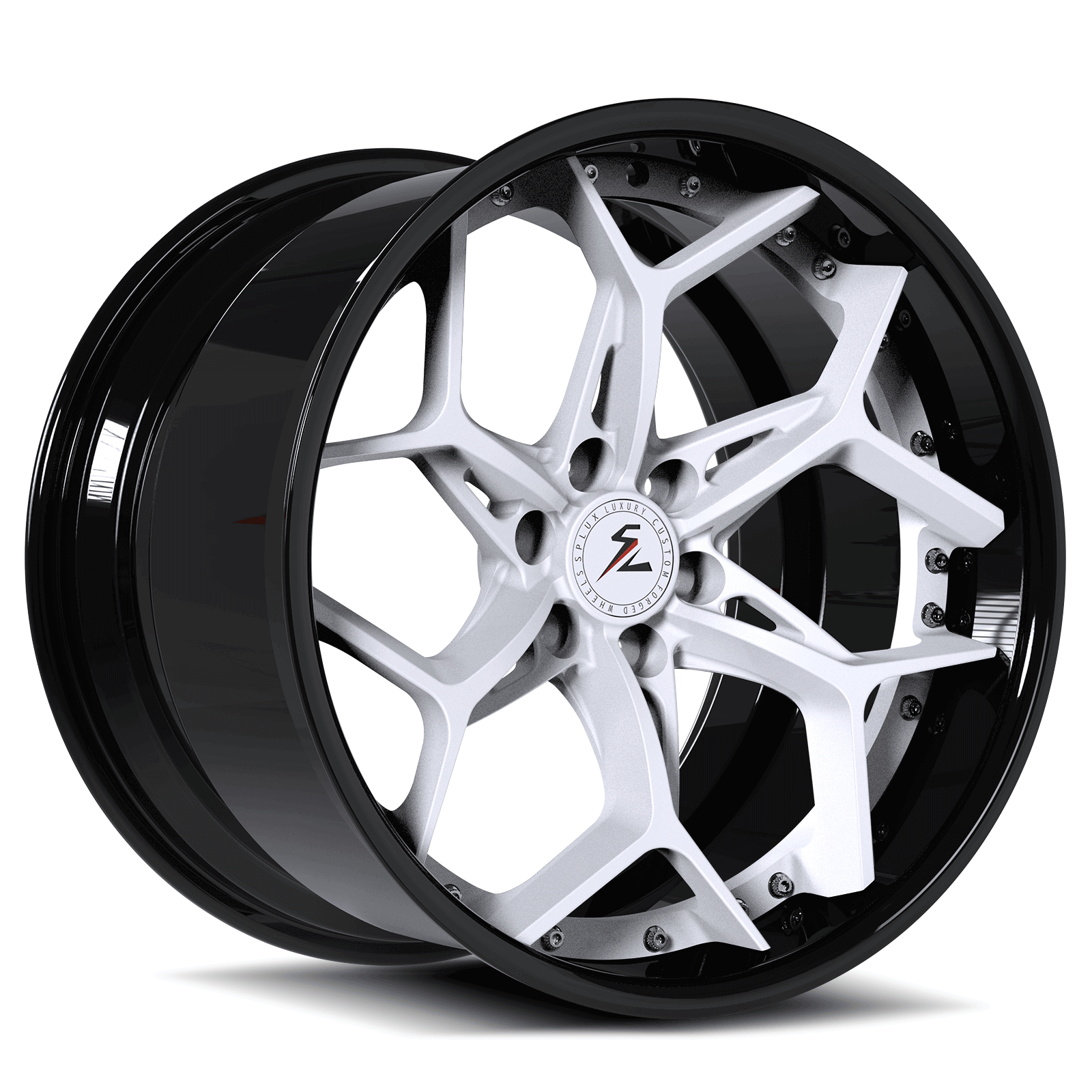 White spoke rims on Ford Mustang: SA-05 20-inch concave aftermarket wheels with 6061-T6 forged lightweight alloy.
