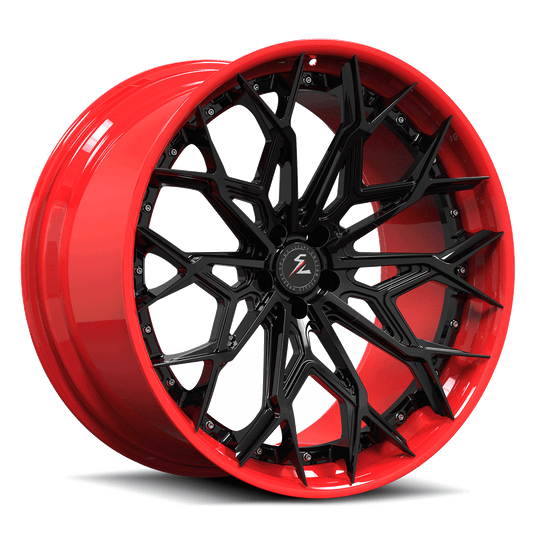 Dodge Challenger custom wheels with SA-07 forged 2-piece aggressive rims in black and red.