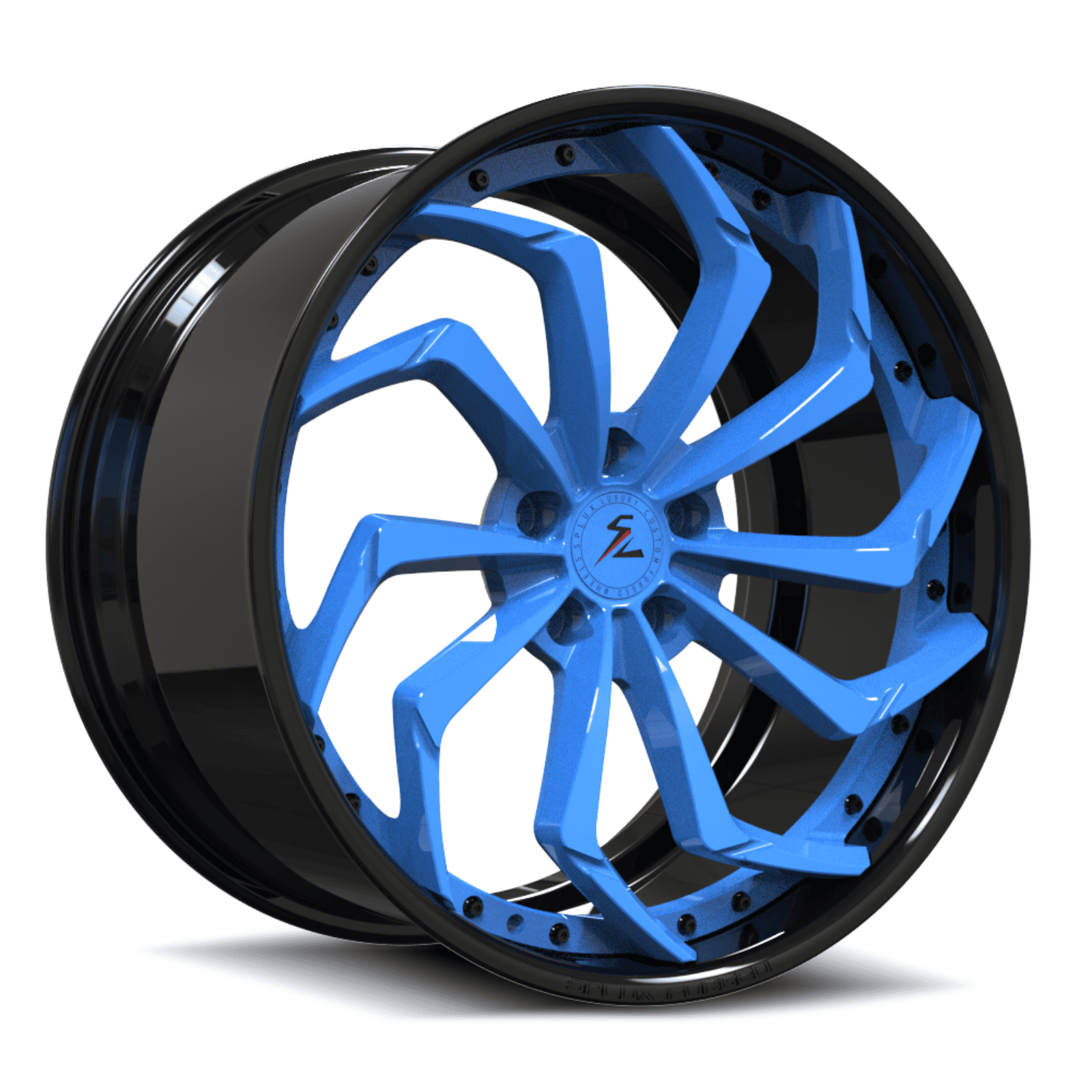 silver car blue wheels with directional spoke design. deep dish fully forged 2-piece rims from splux.