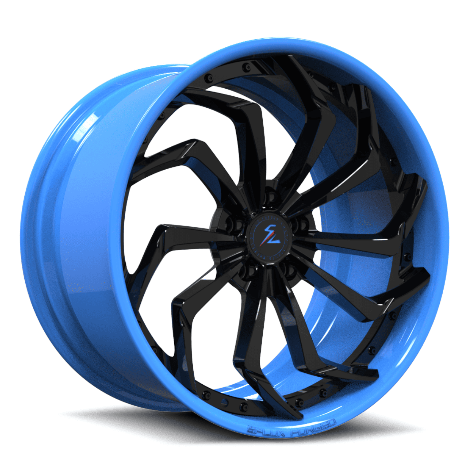 custom blue and black rims with aggressive look.