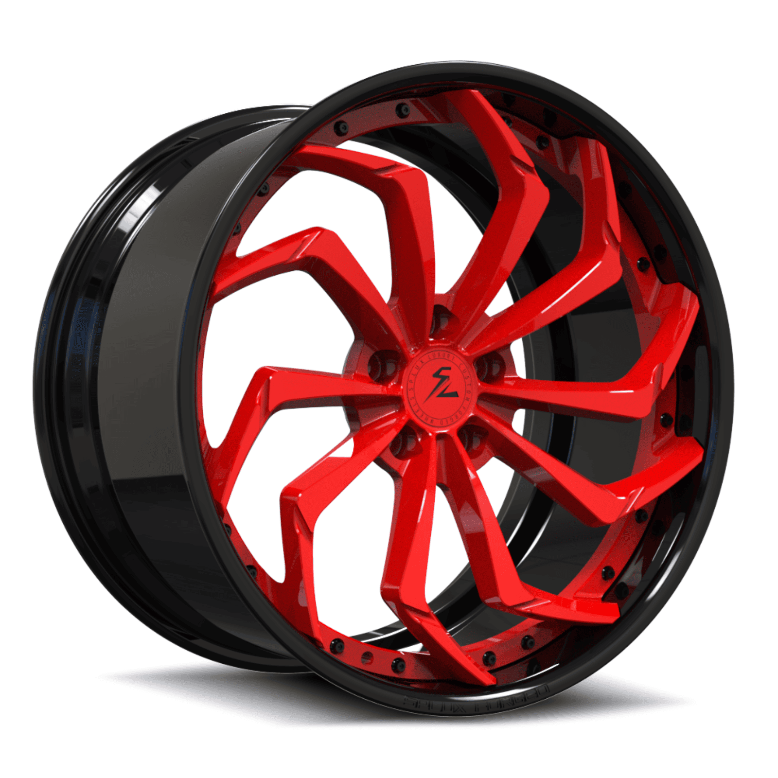 mustang black and red rims with deep dish directional spoke. black camaro with splux forged 2-piece rims.