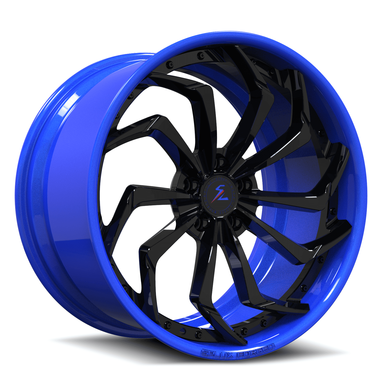 SA-08 black and ocean blue forged 2-piece wheels for the Coupe DeVille - directional aftermarket wheels