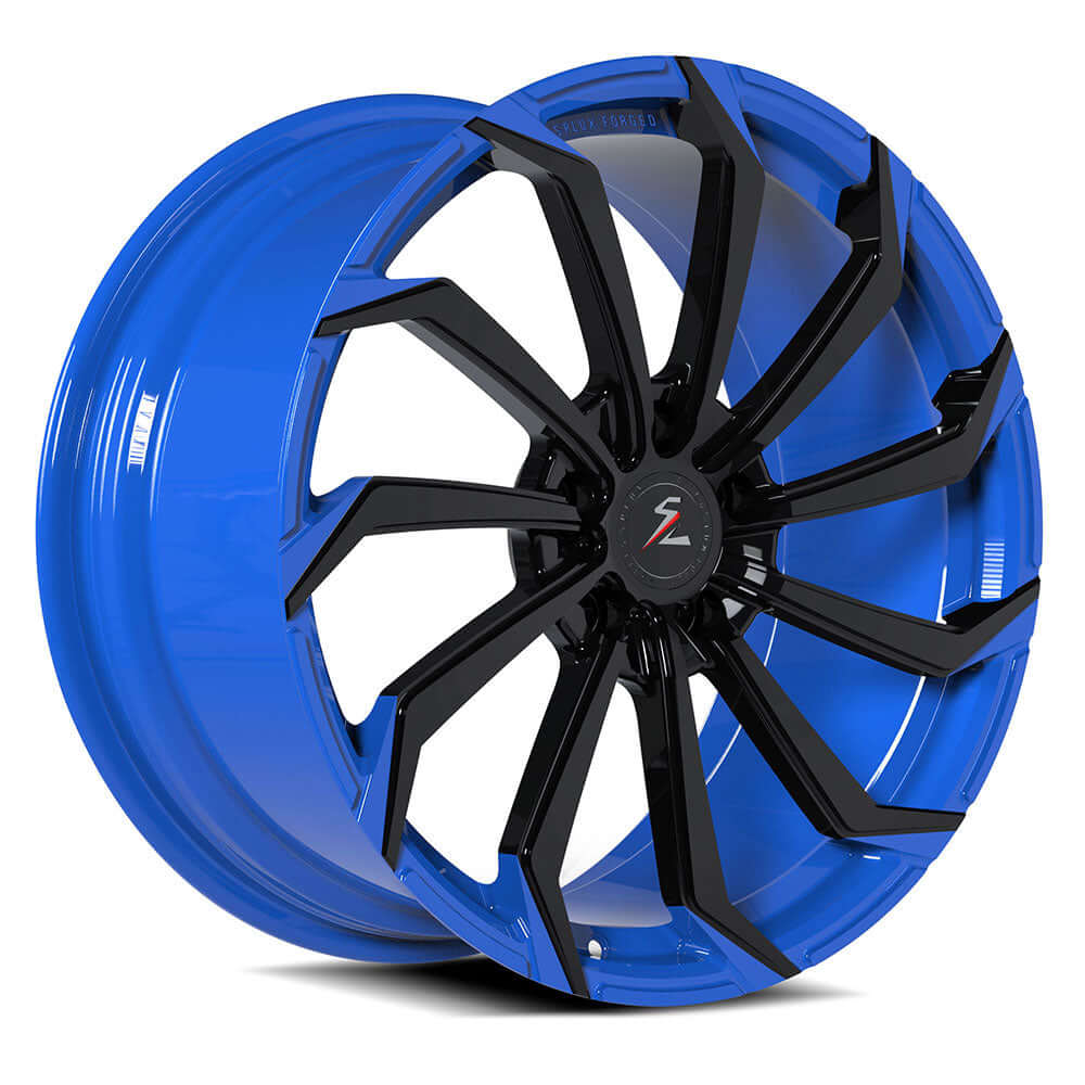 Splux SA-08M 20/21 inch ZR1 C7 Corvette OEM wheels, custom forged, directional, aggressive, available in black and blue.