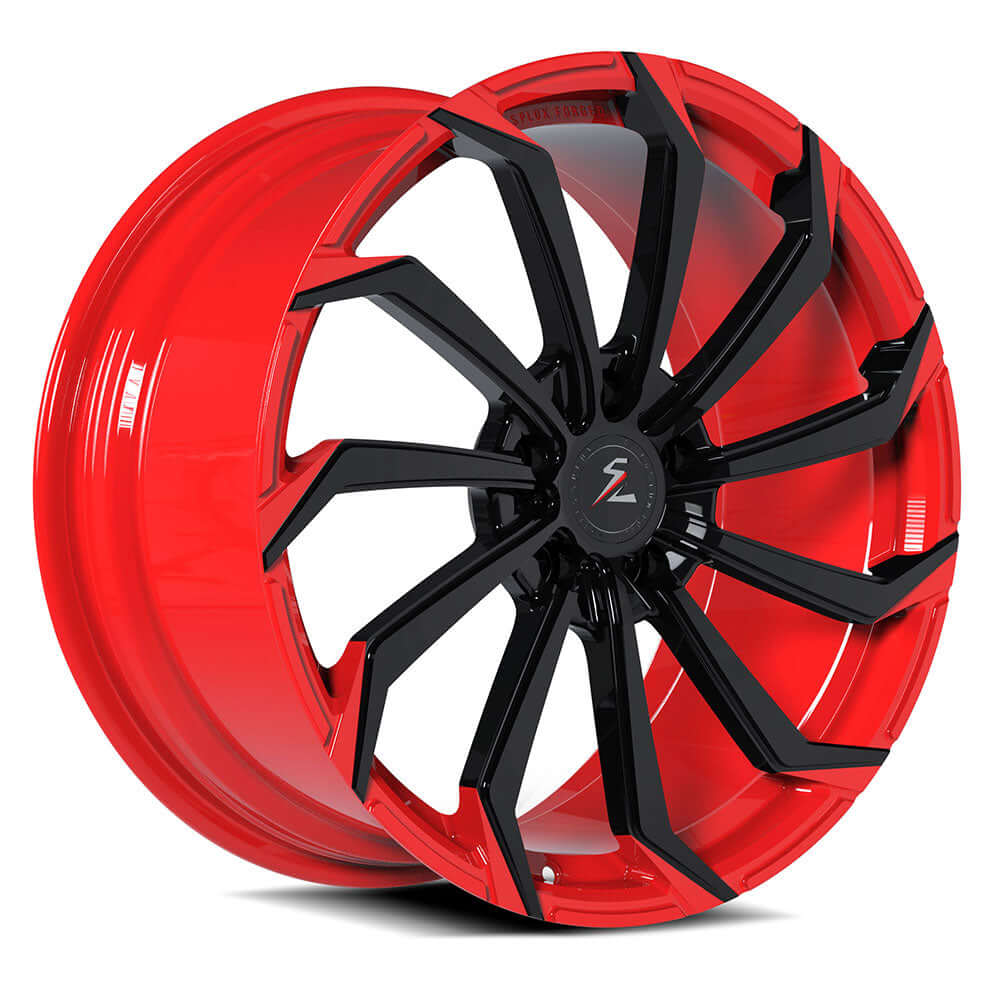 Splux SA-08M custom forged 19/20 inch C7 Stingray aftermarket wheels, directional and aggressive, in black and red.
