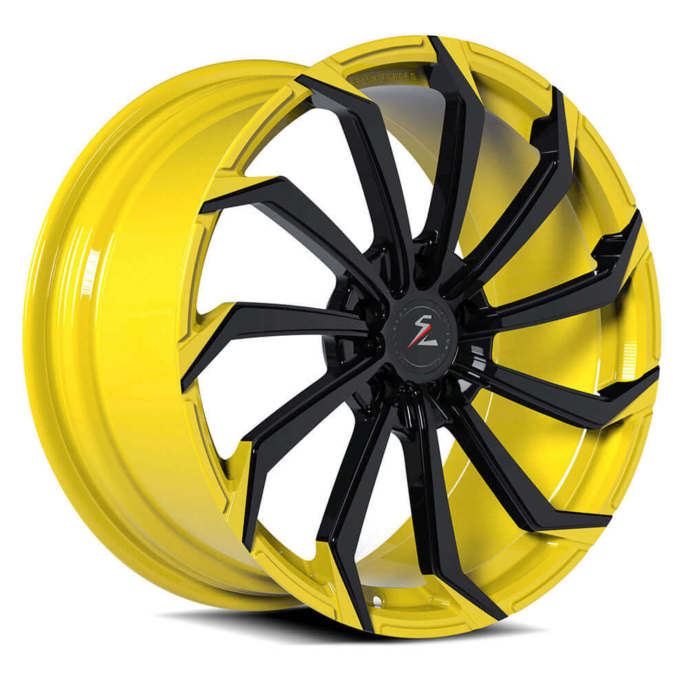 Splux SA-08M forged 18/19 inch Stingray C7 Corvette wheels, custom directional and aggressive design, in black and yellow.