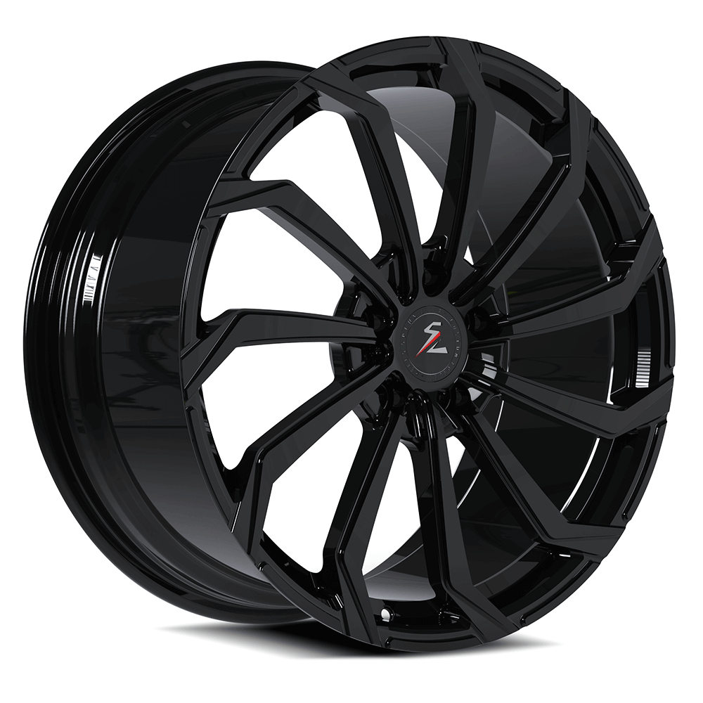 Splux SA-08M custom forged 19/20 inch C7 Grand Sport wheels, directional and aggressive design, in black.