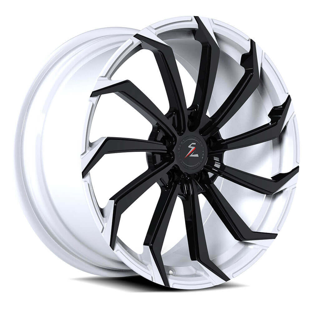 Black car white rims - Dodge Challenger SA-08 20-inch directional forged wheels, lightweight performance.