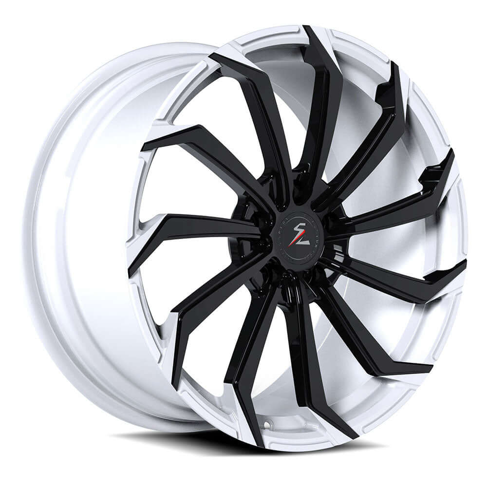 Splux SA-08M custom forged 19/20 inch Z06 C7 Corvette wheels and tires, directional, aggressive design, in white or black.