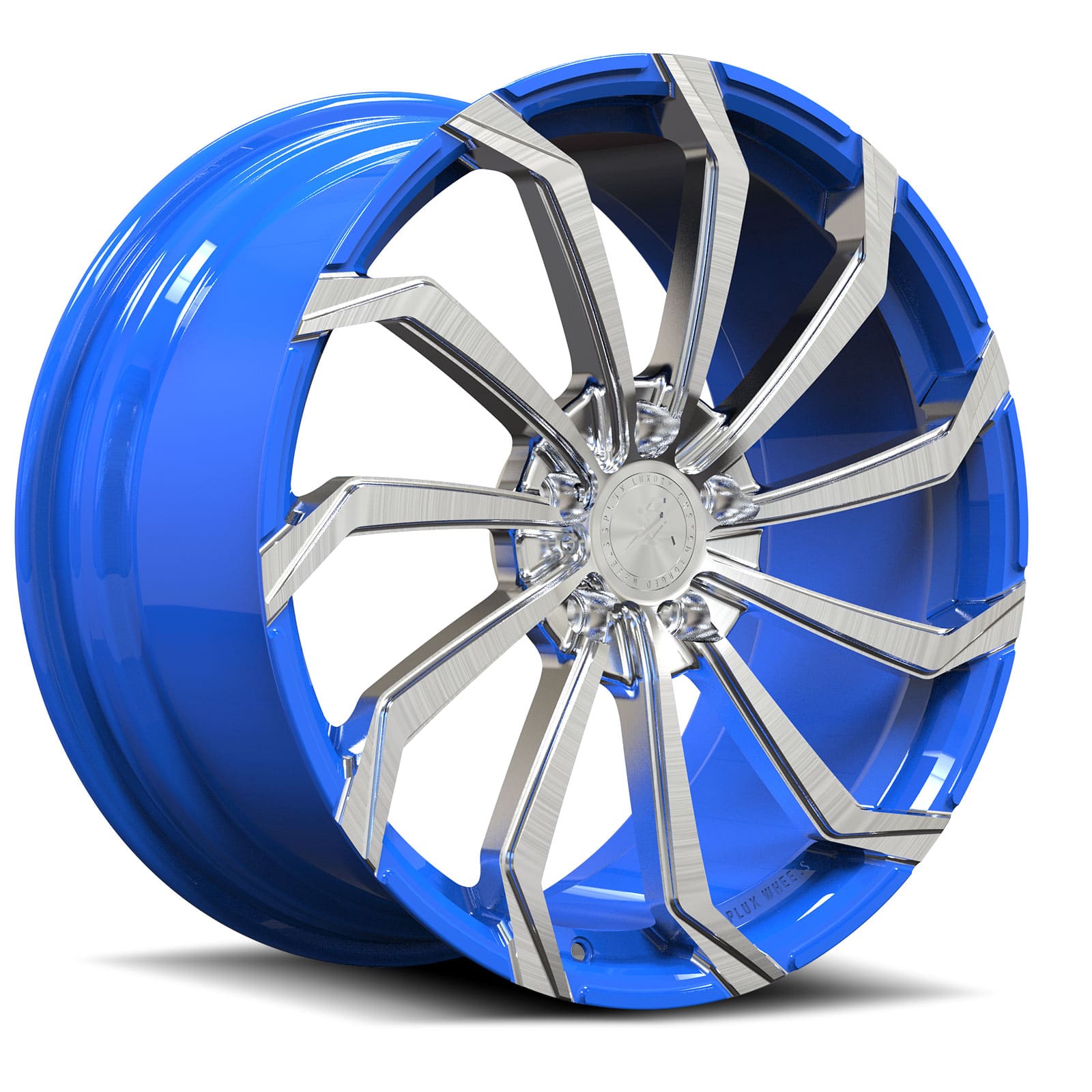 Blue wheels on a silver car with a brushed aluminum face. Fully forged 6061-T6 aftermarket rims with a directional style.